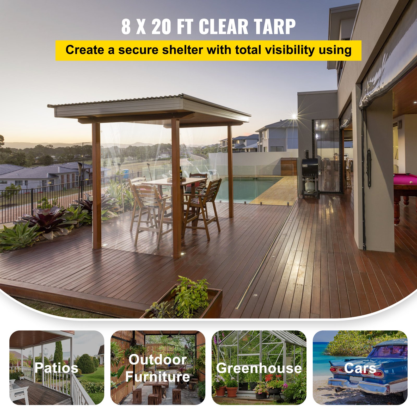 Lona de vinilo transparente VEVOR, 8 x 20 pies, 20 mil de grosor, caja de patio impermeable de alta resistencia, lona de PVC transparente resistente a desgarros y a la intemperie, con ojales de latón y bordes reforzados para cubierta exterior