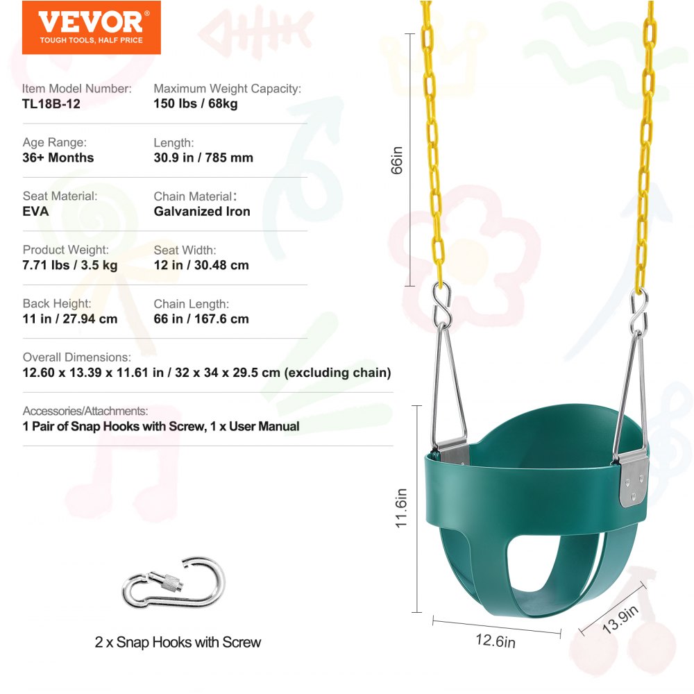 VEVOR - Columpio para bebé con respaldo alto, cadena revestida y mosquetones, soporta 70 kg, totalmente ensamblado, para niños mayores de 3 años, para interior y exterior.