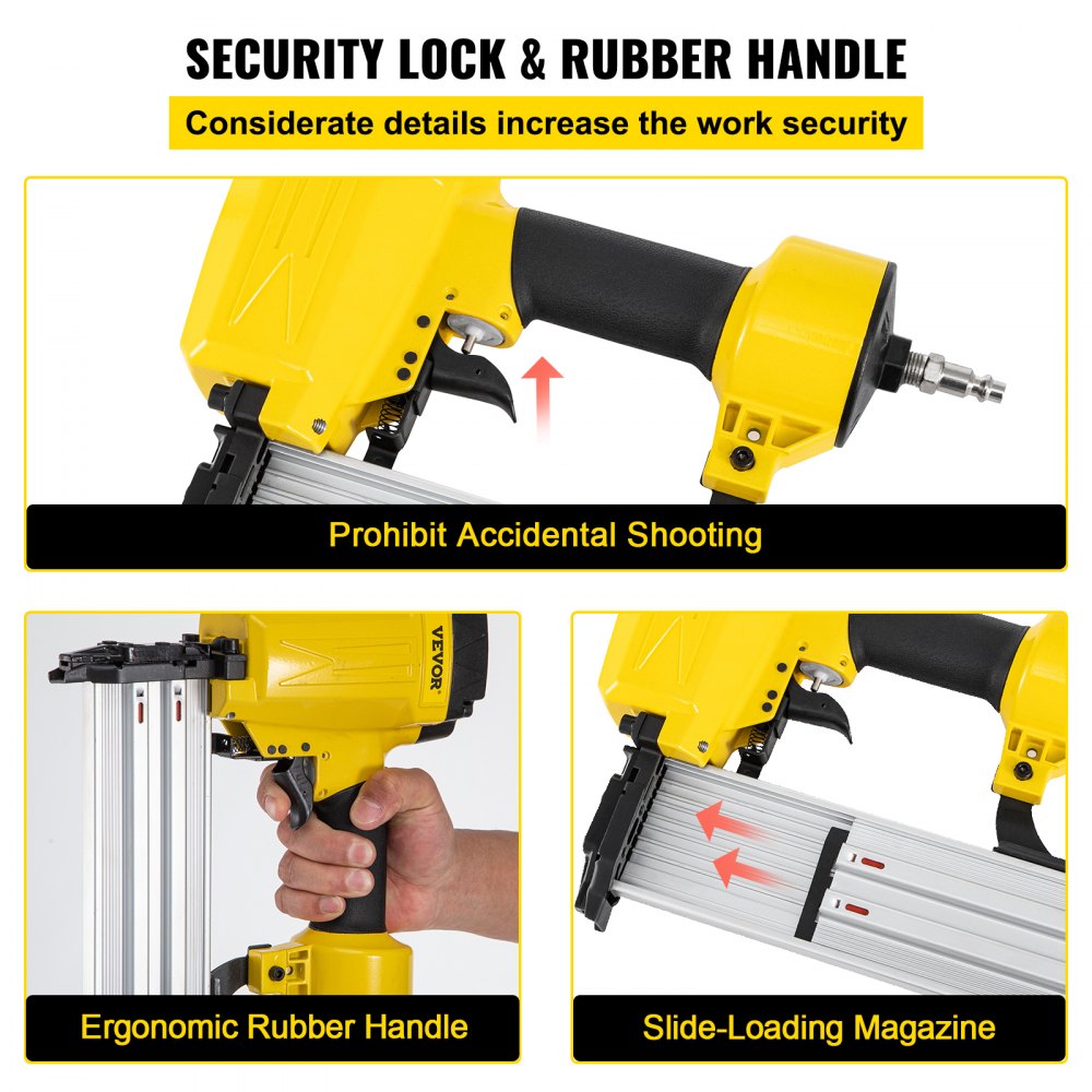 Clavadora de hormigón neumática VEVOR con bloqueo de seguridad, mango de goma ergonómico y cargador de carga deslizante.