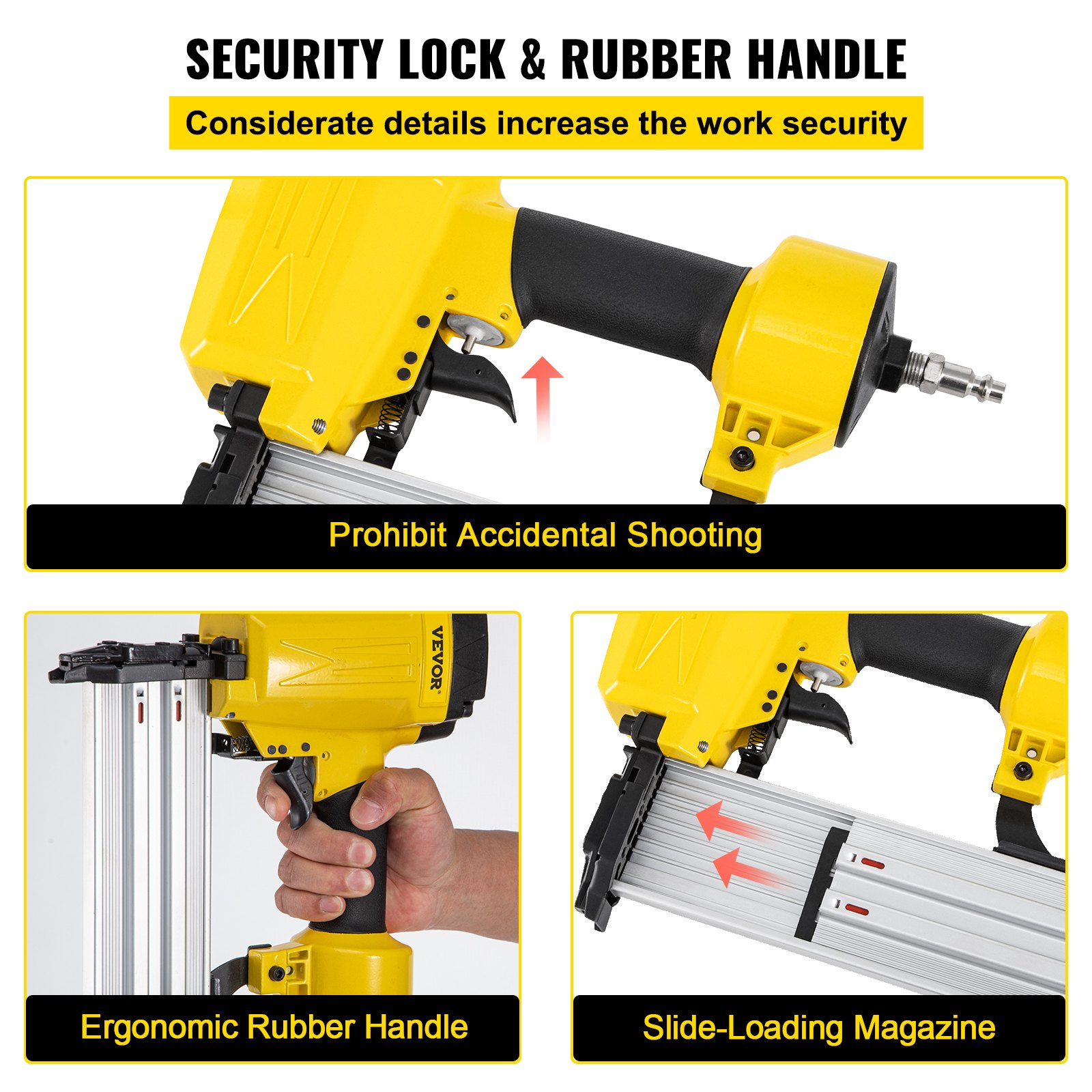 Clavadora de hormigón neumática VEVOR con bloqueo de seguridad, mango de goma ergonómico y cargador de carga deslizante.