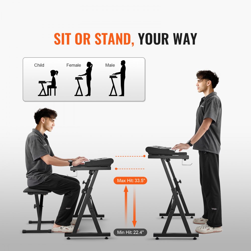 El soporte de teclado de piano VEVOR permite posiciones cómodas para sentarse o pararse para todas las edades, altura ajustable.