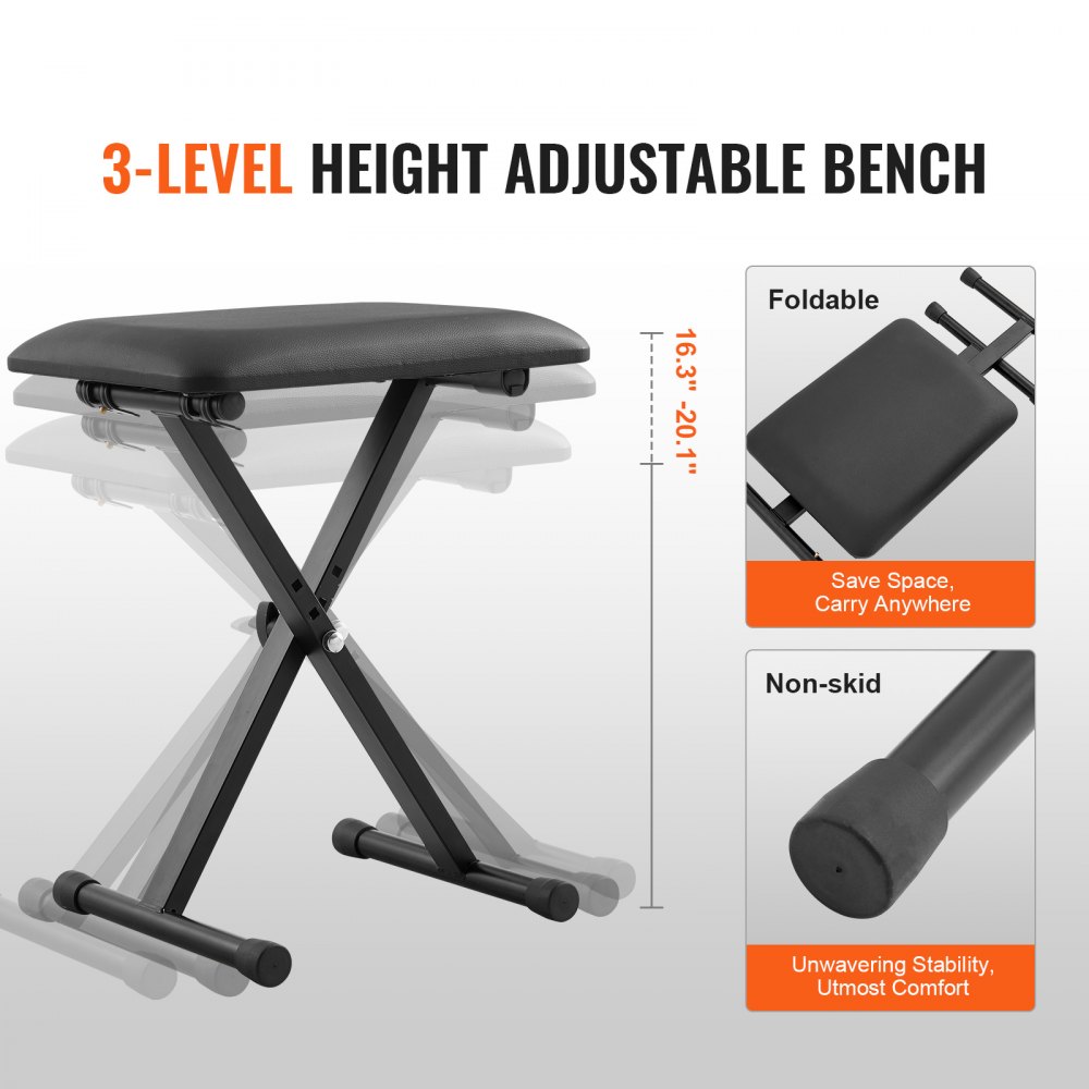 Soporte para teclado de piano VEVOR con banco ajustable en altura de 3 niveles, diseño plegable y patas antideslizantes.