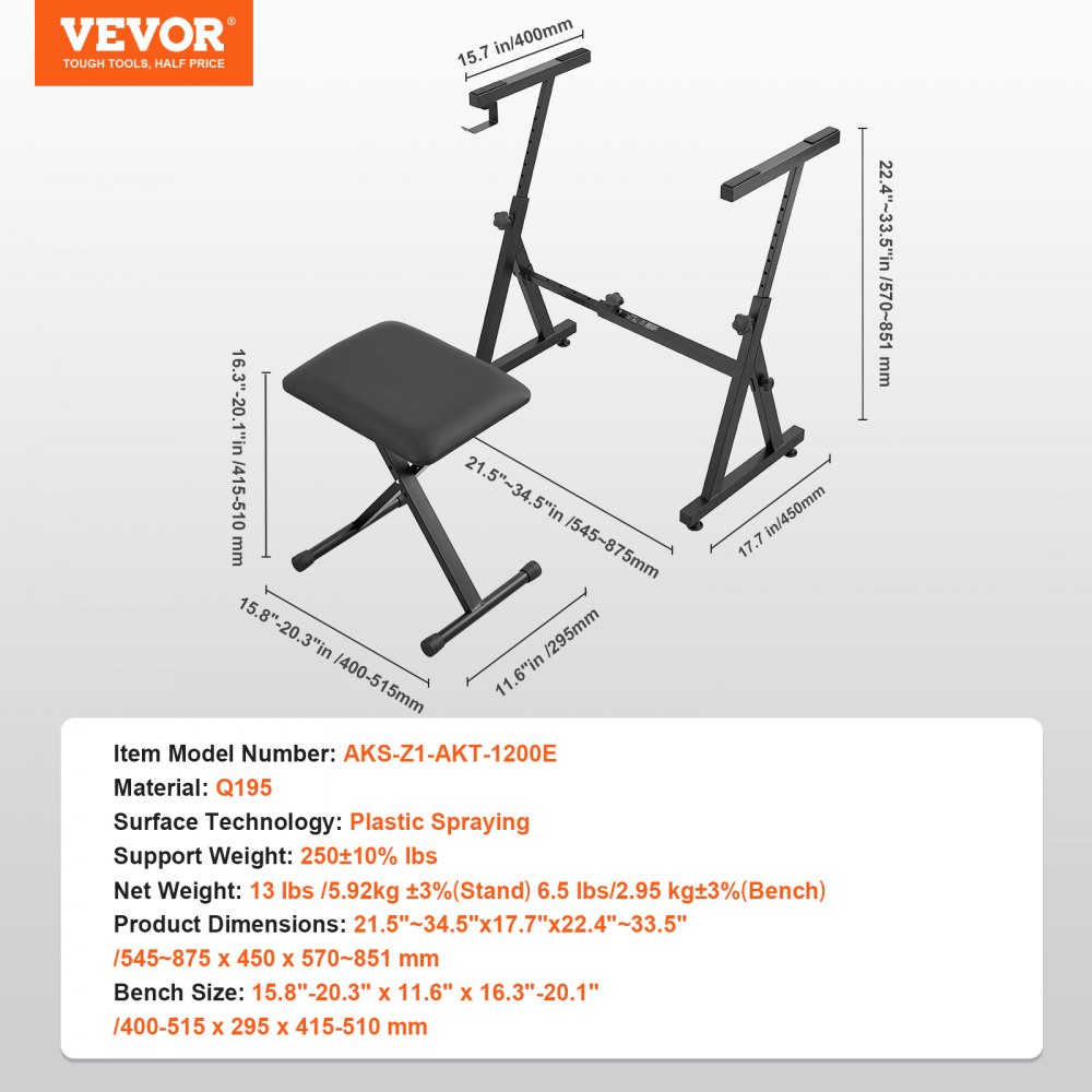 Soporte para teclado de piano VEVOR con dimensiones y especificaciones resaltadas. Asiento ajustable incluido.