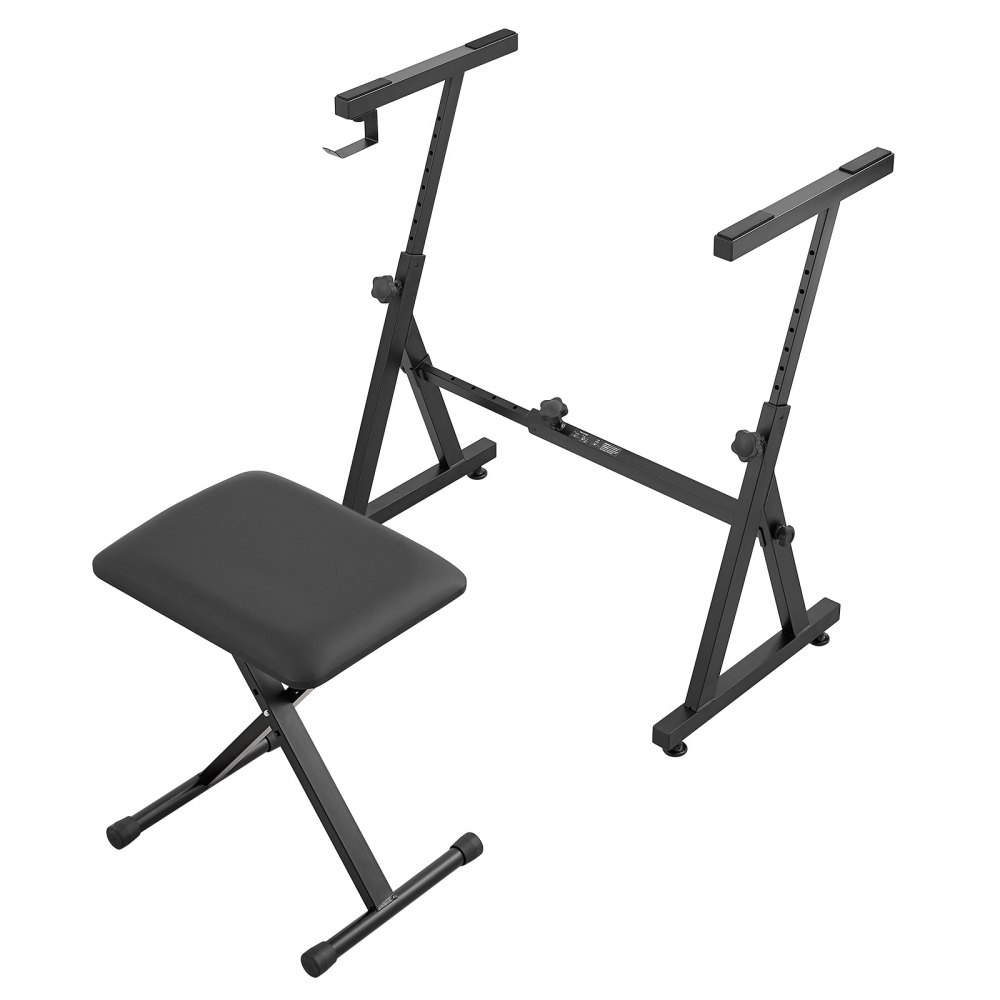Soporte para teclado de piano VEVOR con banco ajustable, marco de metal negro y asiento acolchado.