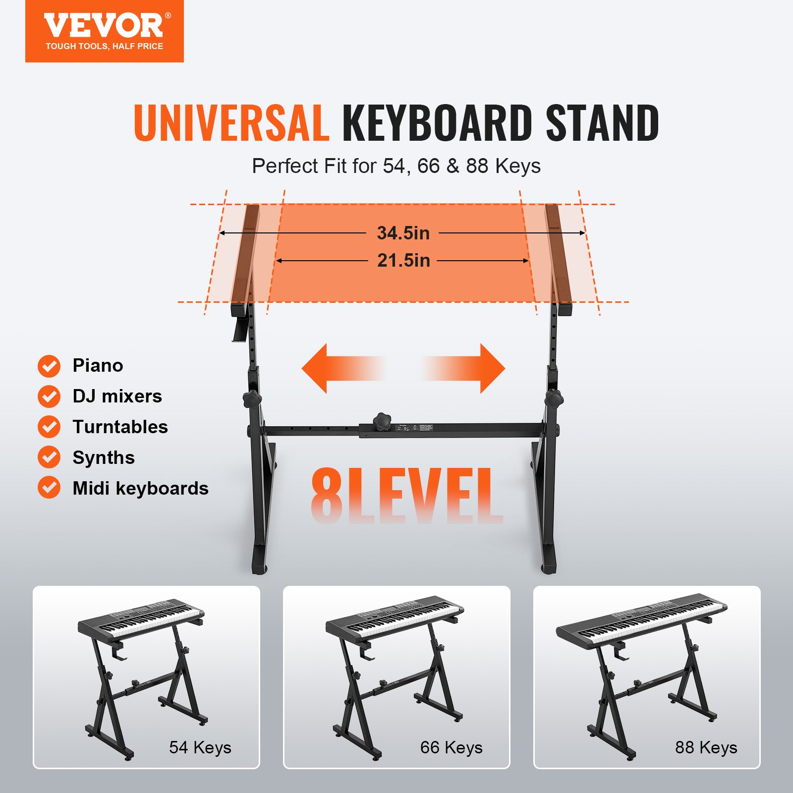 Soporte para teclado de piano VEVOR, ajuste universal para 54, 66 y 88 teclas, ajustable en 8 niveles.