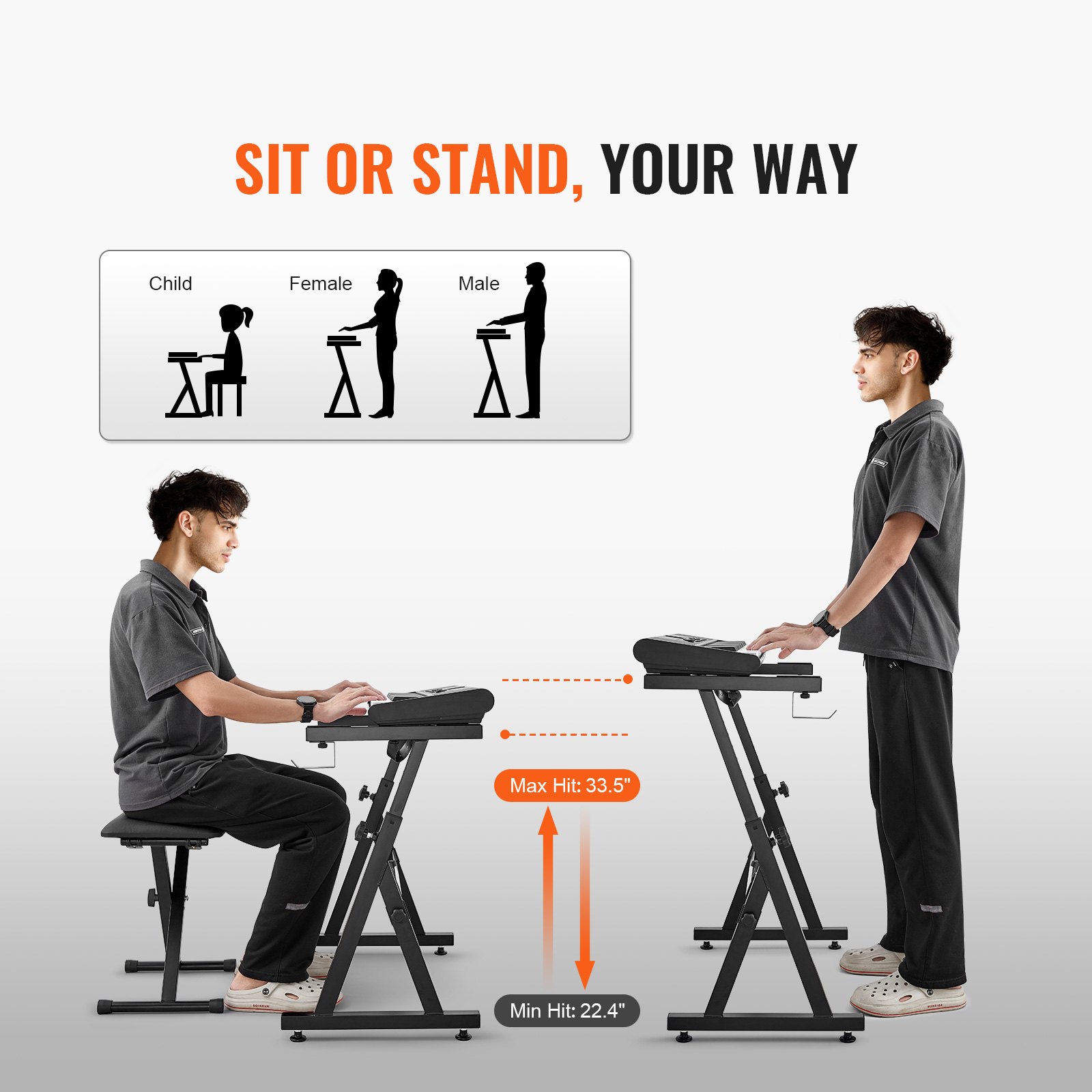 El soporte de teclado de piano VEVOR permite posiciones cómodas para sentarse o pararse para todas las edades, altura ajustable.