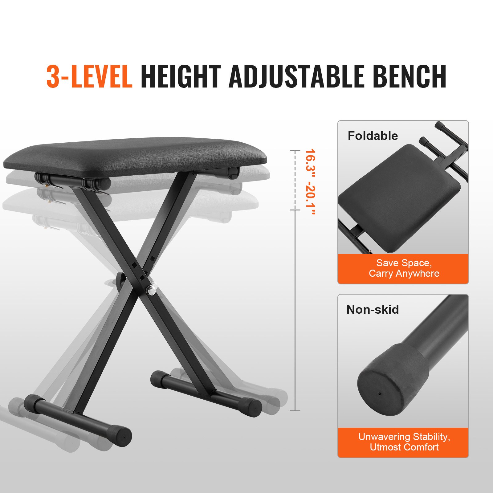 Soporte para teclado de piano VEVOR con banco ajustable en altura de 3 niveles, diseño plegable y patas antideslizantes.
