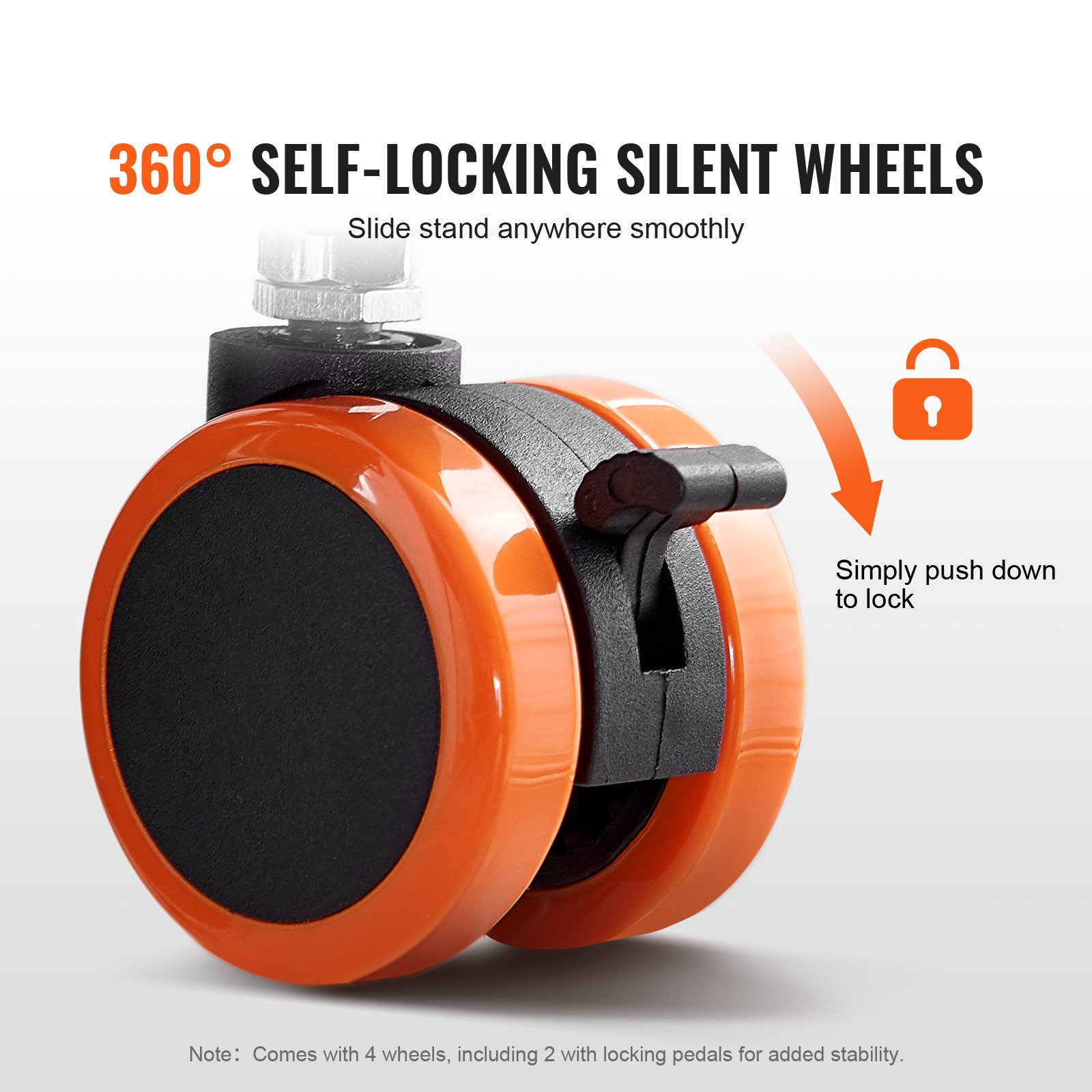 Ruedas silenciosas autoblocantes de 360° para soporte de teclado de piano VEVOR, movimiento suave, mecanismo de bloqueo fácil.