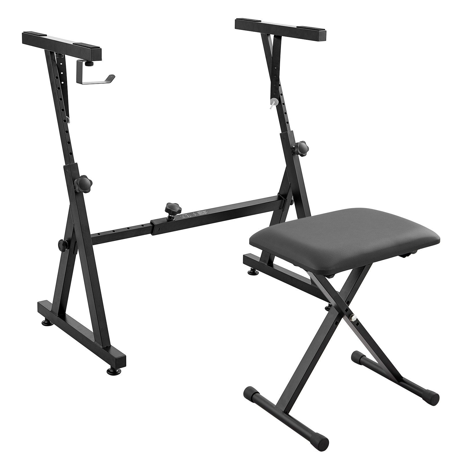 Soporte para teclado de piano VEVOR con banco acolchado ajustable en color negro, con una construcción de metal resistente.