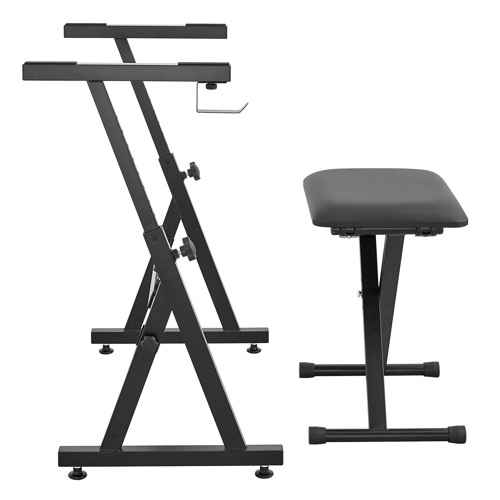 Soporte para teclado de piano VEVOR con banco ajustable en color negro, con diseño de marco en X.