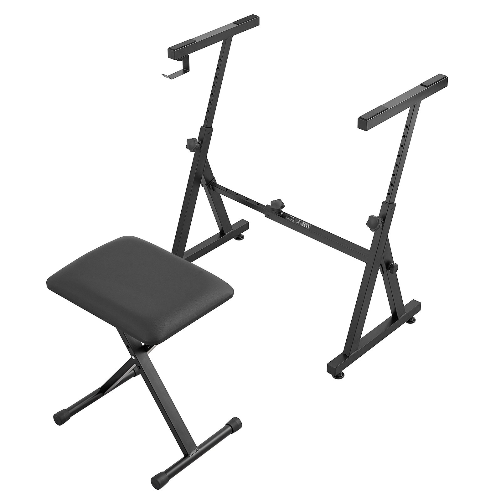 Soporte para teclado de piano VEVOR con banco ajustable, marco de metal negro y asiento acolchado.