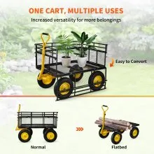 VEVOR Carro de jardín de acero, resistente capacidad de 1400 libras, con lados de malla extraíbles para convertir en plataforma plana, carro de metal utilitario con mango 2 en 1 y neumáticos de 15 pul