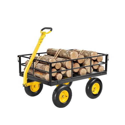 VEVOR - Carrito de jardín de acero de 547 kg, resistente y remolcable, 2 en 1, para exteriores, con neumáticos todoterreno de 33 cm, laterales de malla extraíbles y asa giratoria de 180°.