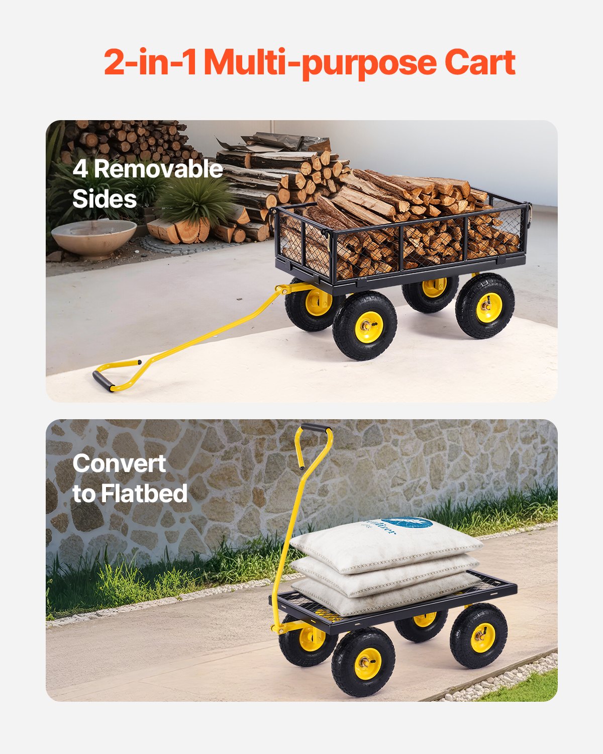 VEVOR Carrito Resistente de Jardín de Acero de 1700 x 480 x 515 mm con Neumáticos de 10", Laterales de Malla Extraíbles y Manija Giratoria de 180°, Capacidad de Carga de 226,80 kg, Amarillo y Negro