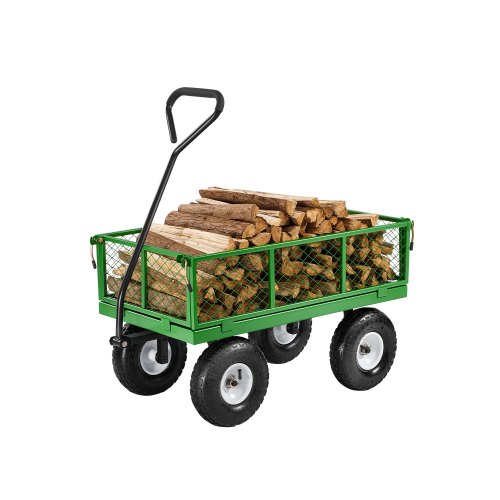 VEVOR - Carrito de jardín de acero con ruedas de 300 kg, resistente y arrastrable, de metal, para uso en exteriores, con neumáticos de 25 cm, laterales de malla extraíbles y asa giratoria de 180°.