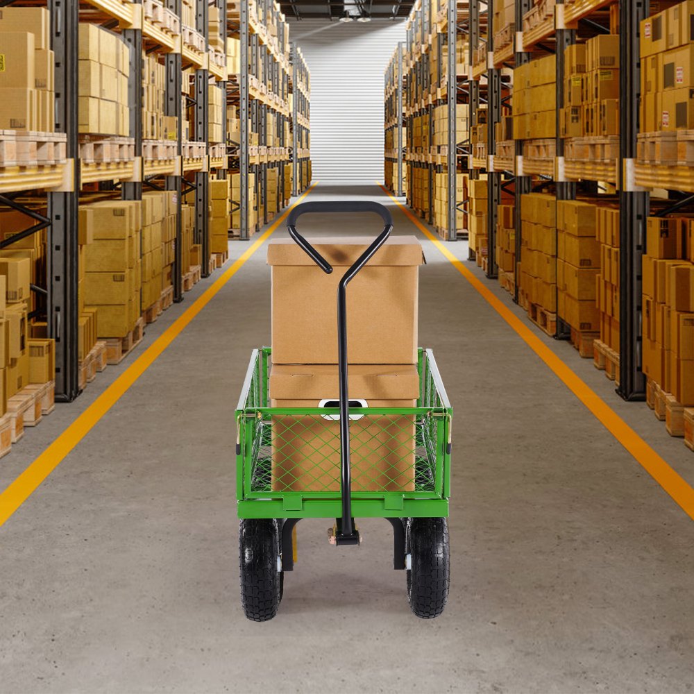 VEVOR - Carrito de jardín de acero con ruedas de 300 kg, resistente y arrastrable, de metal, para uso en exteriores, con neumáticos de 25 cm, laterales de malla extraíbles y asa giratoria de 180°.