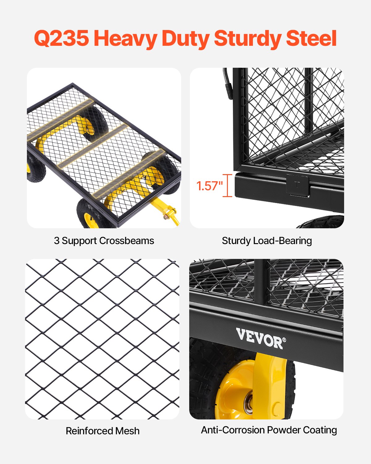 VEVOR - Carrito de jardín de acero resistente de 407 kg, con ruedas, para exteriores, con neumáticos de 25 cm, laterales de malla extraíbles (convertible en plataforma) y asa giratoria de 180°.