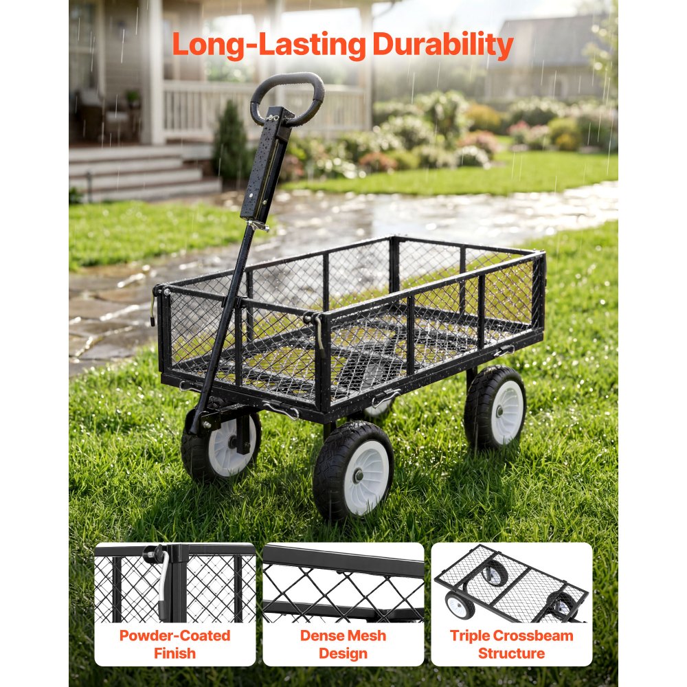 VEVOR Carro de Jardín con Ruedas, Carro de Mano Capacidad Máxima 408 kg, Acero Reforzado con Asa Ajustable, Neumáticos, Paneles Laterales Desmontables para Exterior Transporte de Carga Pesada, Negro