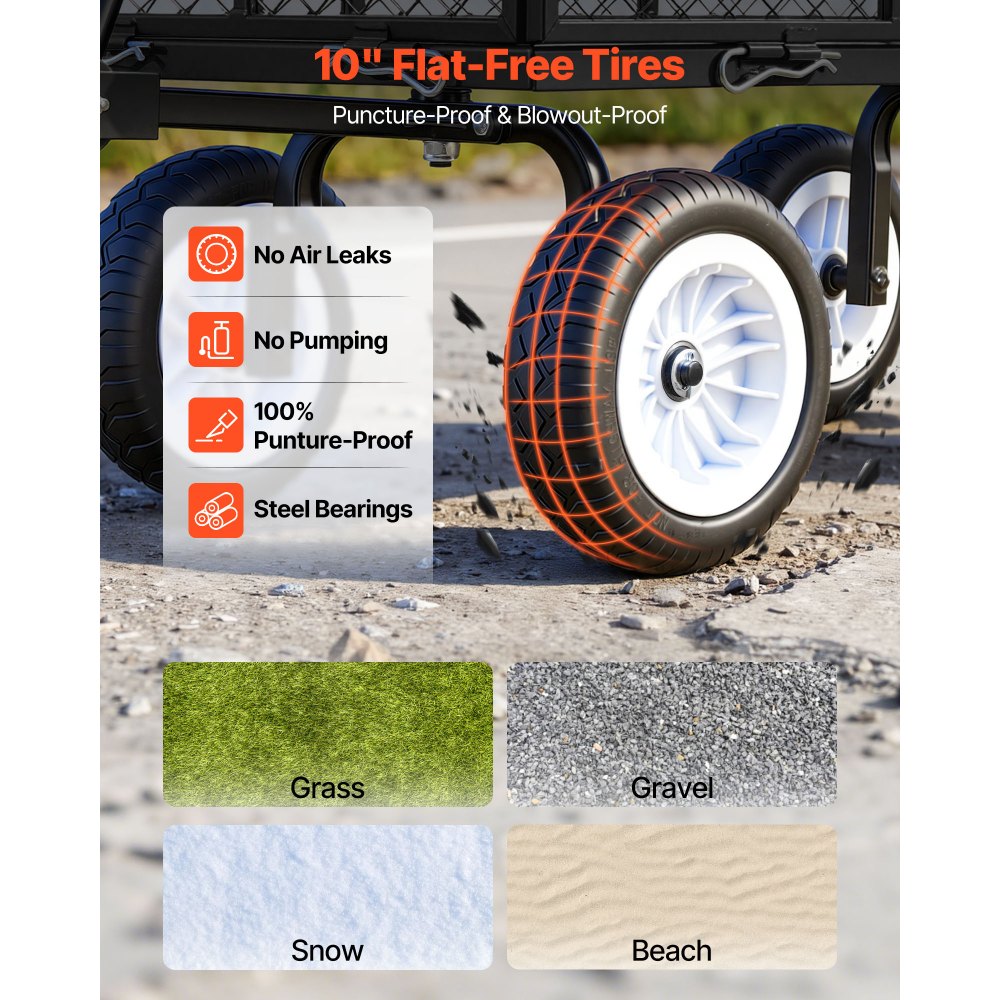 VEVOR Carro de Jardín con Ruedas, Carro de Mano Capacidad Máxima 408 kg, Acero Reforzado con Asa Ajustable, Neumáticos, Paneles Laterales Desmontables para Exterior Transporte de Carga Pesada, Negro