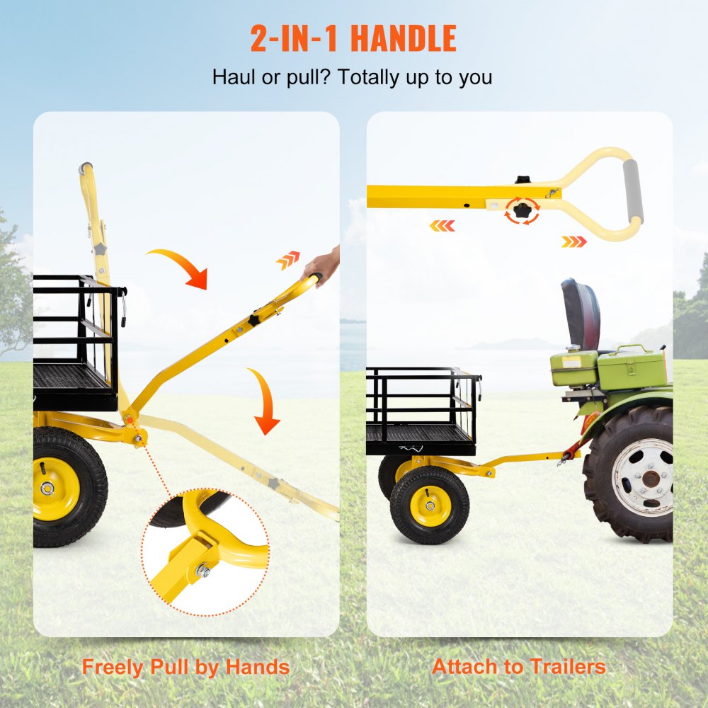 VEVOR Carro de jardín de acero, resistente capacidad de 1200 libras, con lados de malla extraíbles para convertir en plataforma, carro de metal utilitario con mango 2 en 1 y neumáticos de 13 pulgadas,