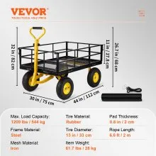 VEVOR Carro de jardín de acero, resistente capacidad de 1200 libras, con lados de malla extraíbles para convertir en plataforma, carro de metal utilitario con mango 2 en 1 y neumáticos de 13 pulgadas,