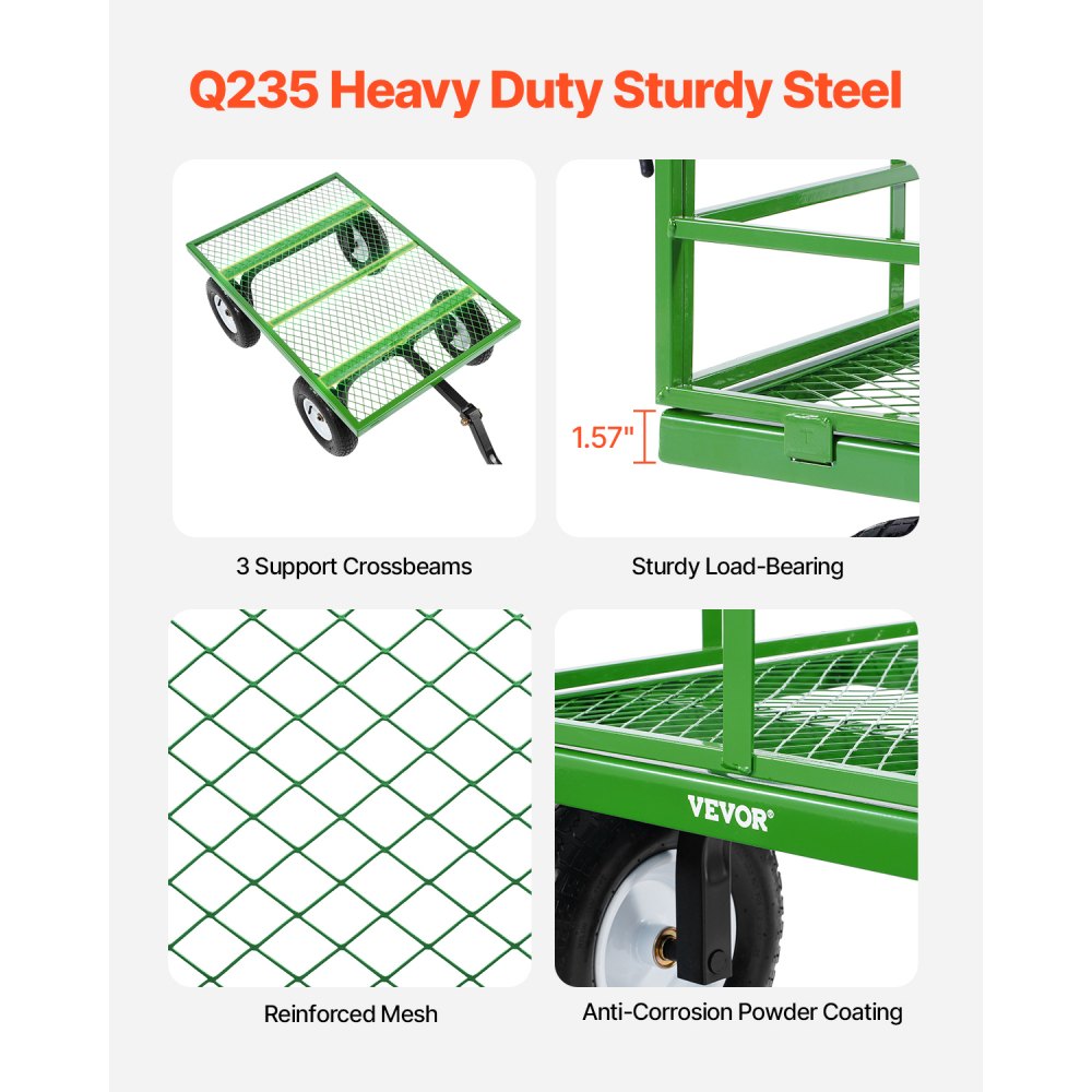 VEVOR - Carrito de jardín de acero de 547 kg, resistente y remolcable, 2 en 1, para exteriores, con neumáticos todoterreno de 33 cm, laterales de malla extraíbles y asa giratoria de 180°.
