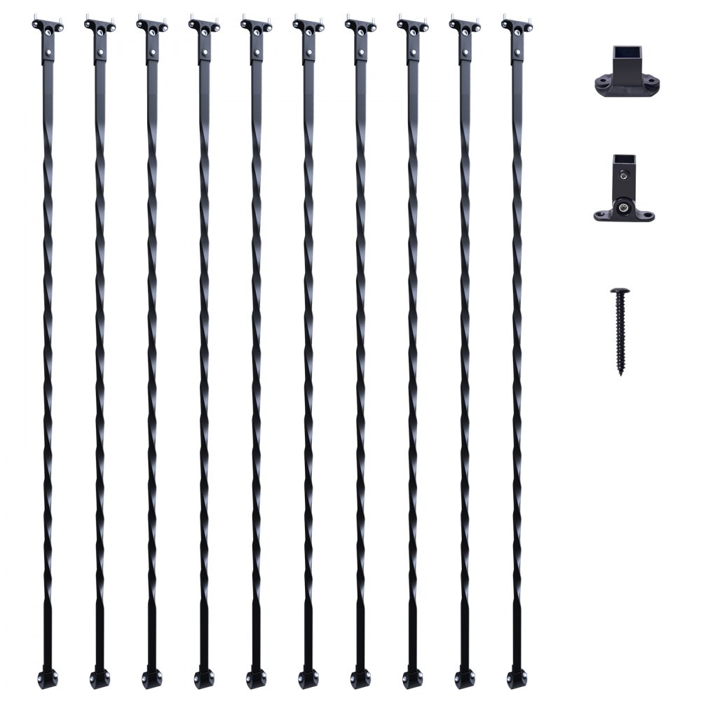Barandillas metálicas VEVOR con diseño retorcido, herrajes de montaje y tornillos sobre fondo blanco.