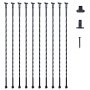 Barandillas metálicas VEVOR con diseño retorcido, herrajes de montaje y tornillos sobre fondo blanco.