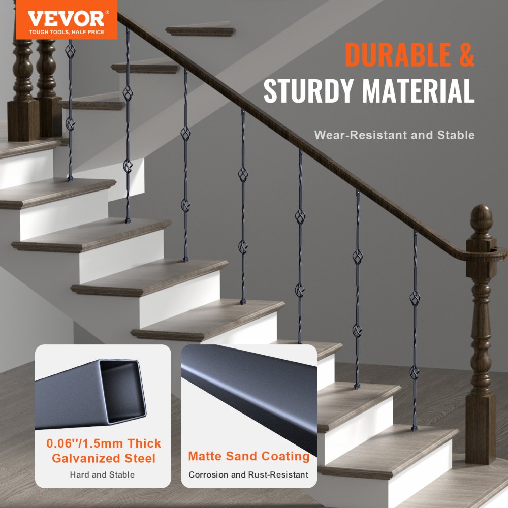 VEVOR - Balaustres metálicos para escalera, 112 cm x 1,27 cm, balaustres decorativos de acero galvanizado, paquete de 10, con cestas dobles huecas, barandilla de caracol con zapatas y tornillos