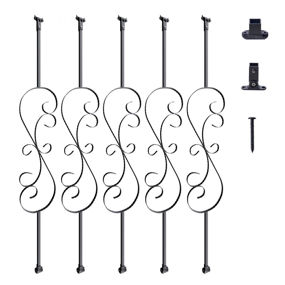 Barandillas de escalera VEVOR con diseño en espiral adornado y herrajes de montaje, incluidos soportes y tornillos.