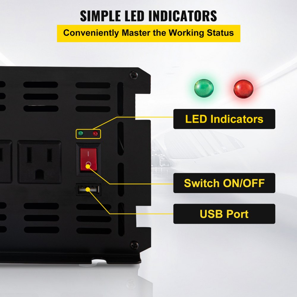 Inversor de corriente VEVOR con indicadores led, interruptor de encendido/apagado y puerto usb.
