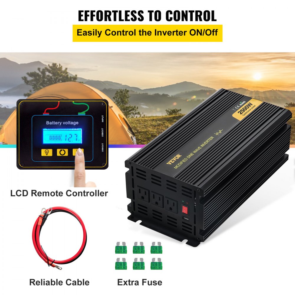 Inversor de corriente VEVOR con control remoto LCD, cable confiable y fusible adicional.