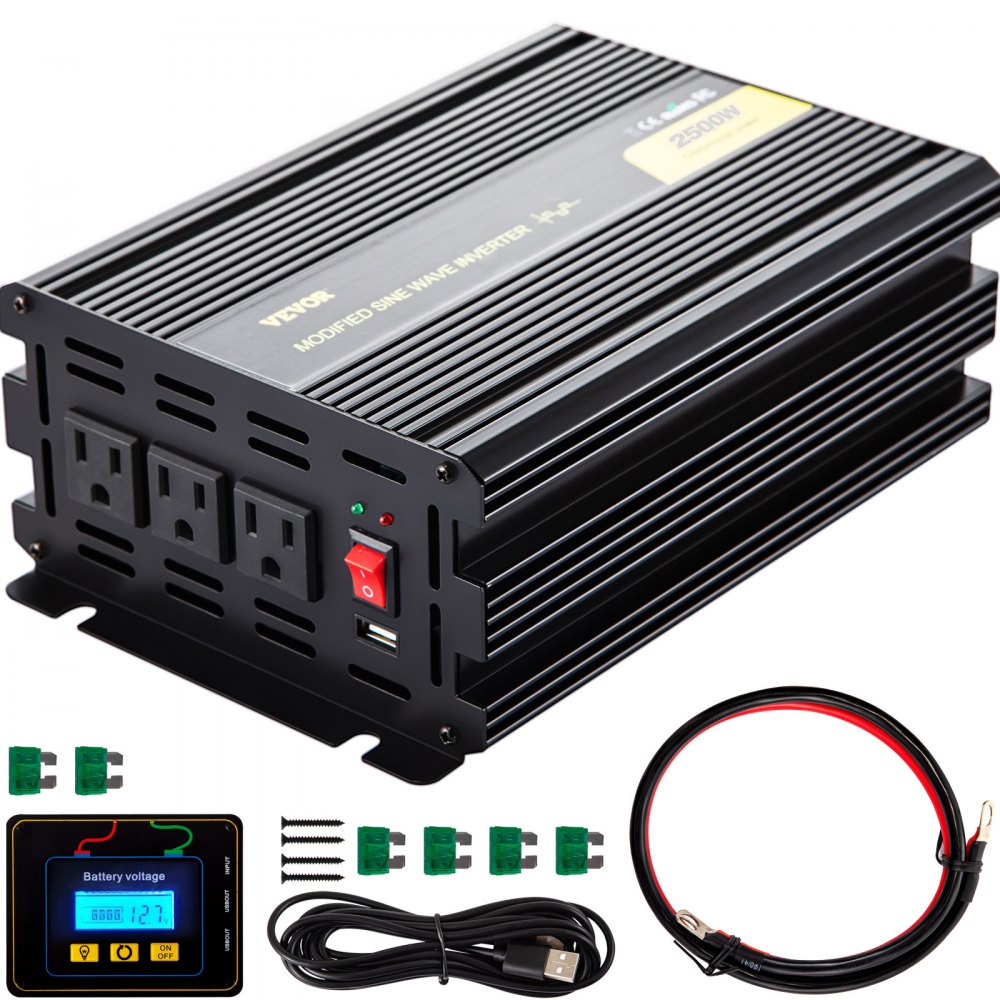 Inversor de corriente VEVOR con salidas, puertos USB, cable, fusibles y pantalla digital.
