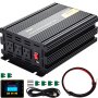Inversor de corriente VEVOR con salidas, puertos USB, cable, fusibles y pantalla digital.