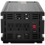 Inversor de corriente VEVOR que muestra tres salidas, puerto USB e interruptor de encendido.
