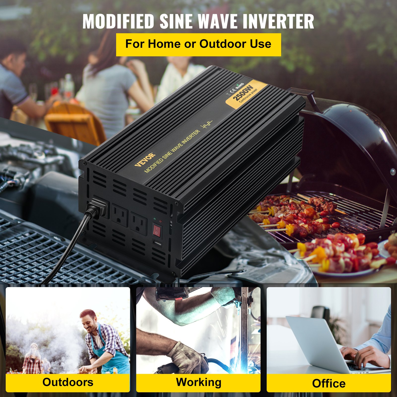 Inversor de corriente VEVOR para uso doméstico y exterior con imágenes de barbacoa, soldadura y trabajos de oficina.