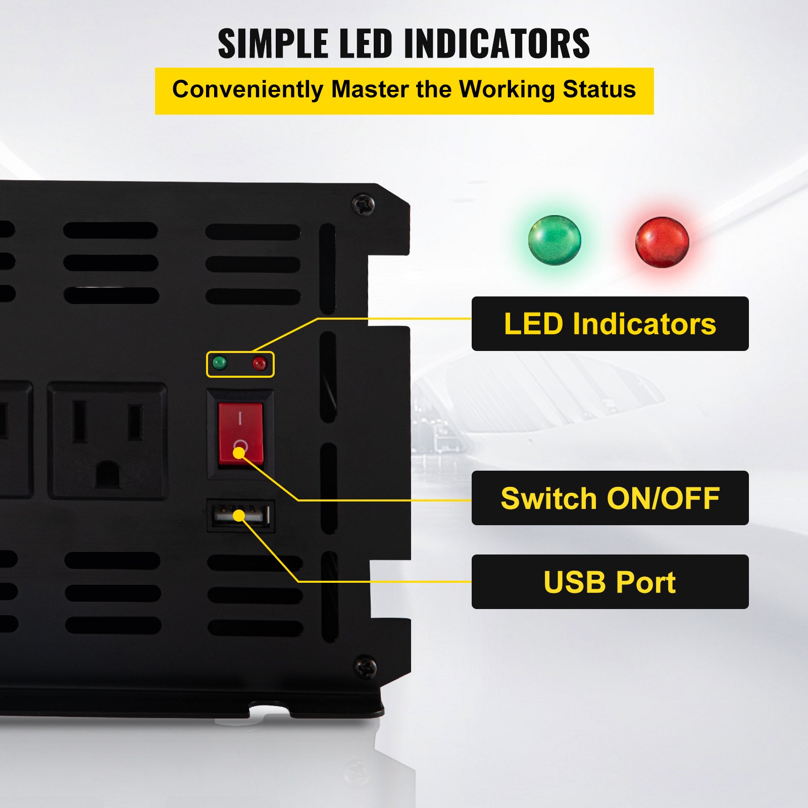 Inversor de corriente VEVOR con indicadores led, interruptor de encendido/apagado y puerto usb.