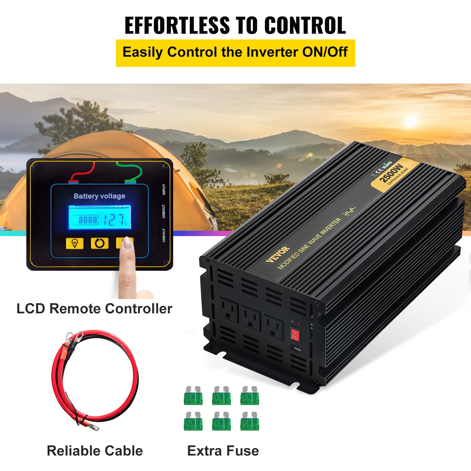 Inversor de corriente VEVOR con control remoto LCD, cable confiable y fusible adicional.