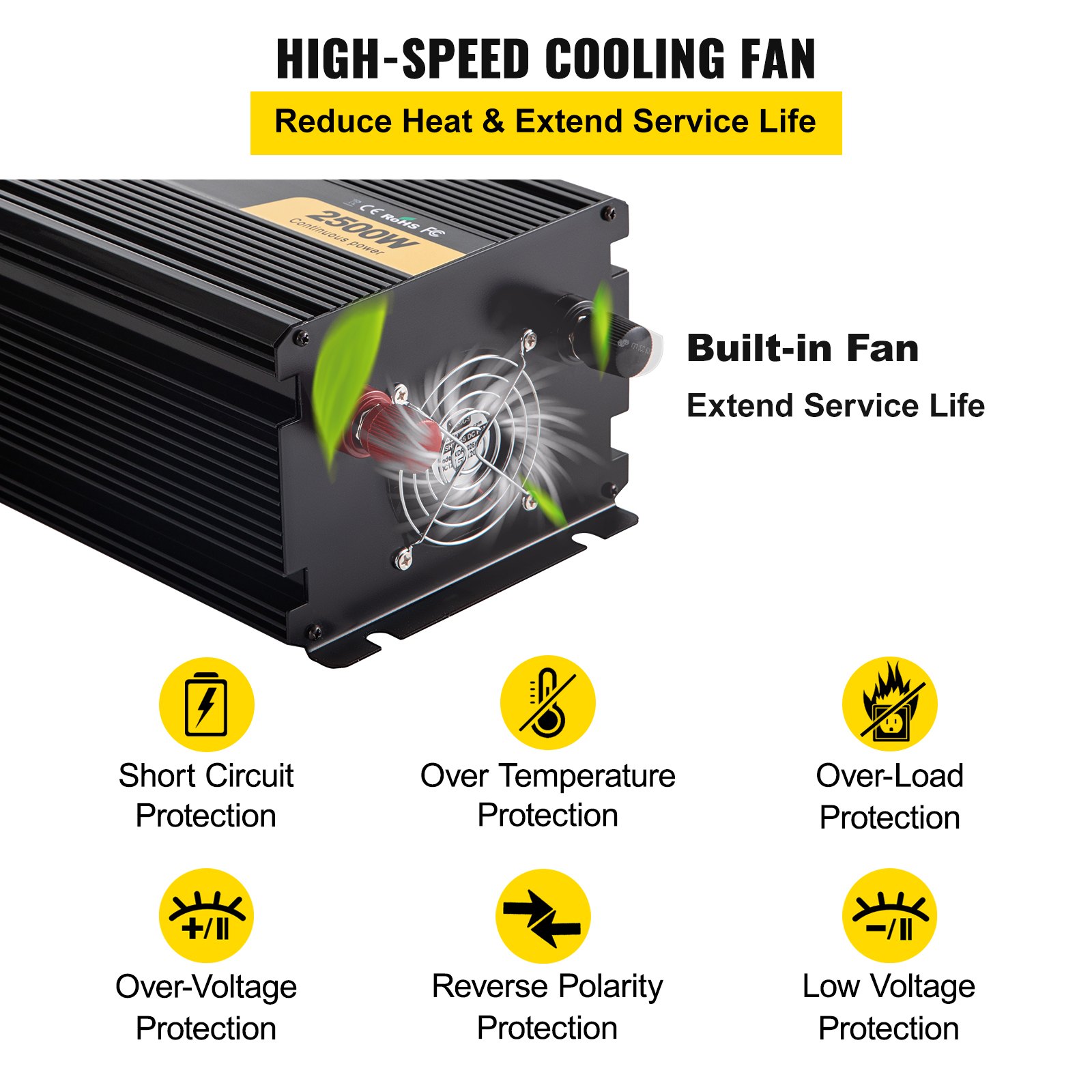 Inversor de corriente VEVOR con ventilador de refrigeración incorporado y múltiples funciones de protección.