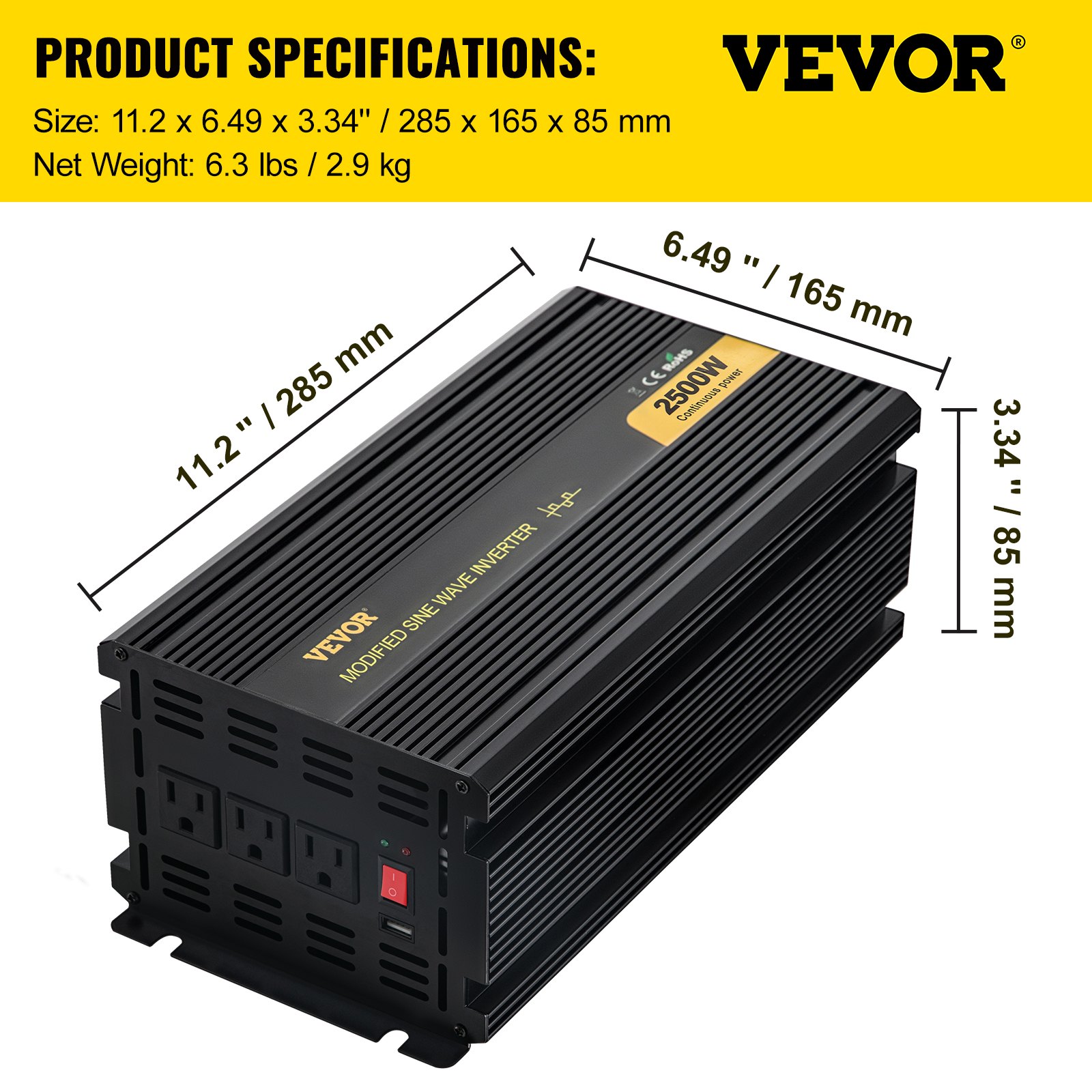 Inversor de corriente VEVOR con dimensiones 11,2x6,49x3,34 pulgadas, capacidad de 2500w.