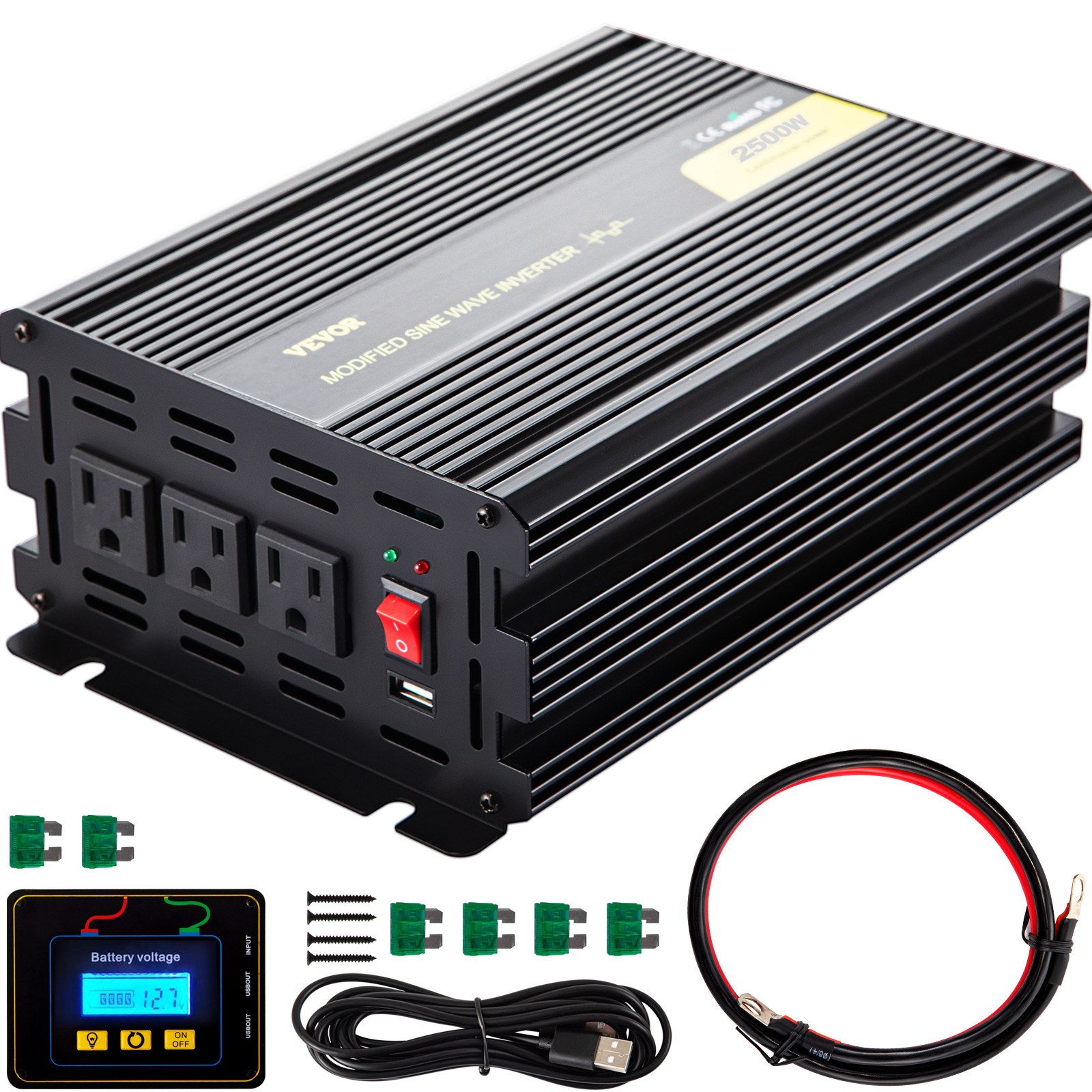 Inversor de corriente VEVOR con accesorios, enchufes y pantalla LED