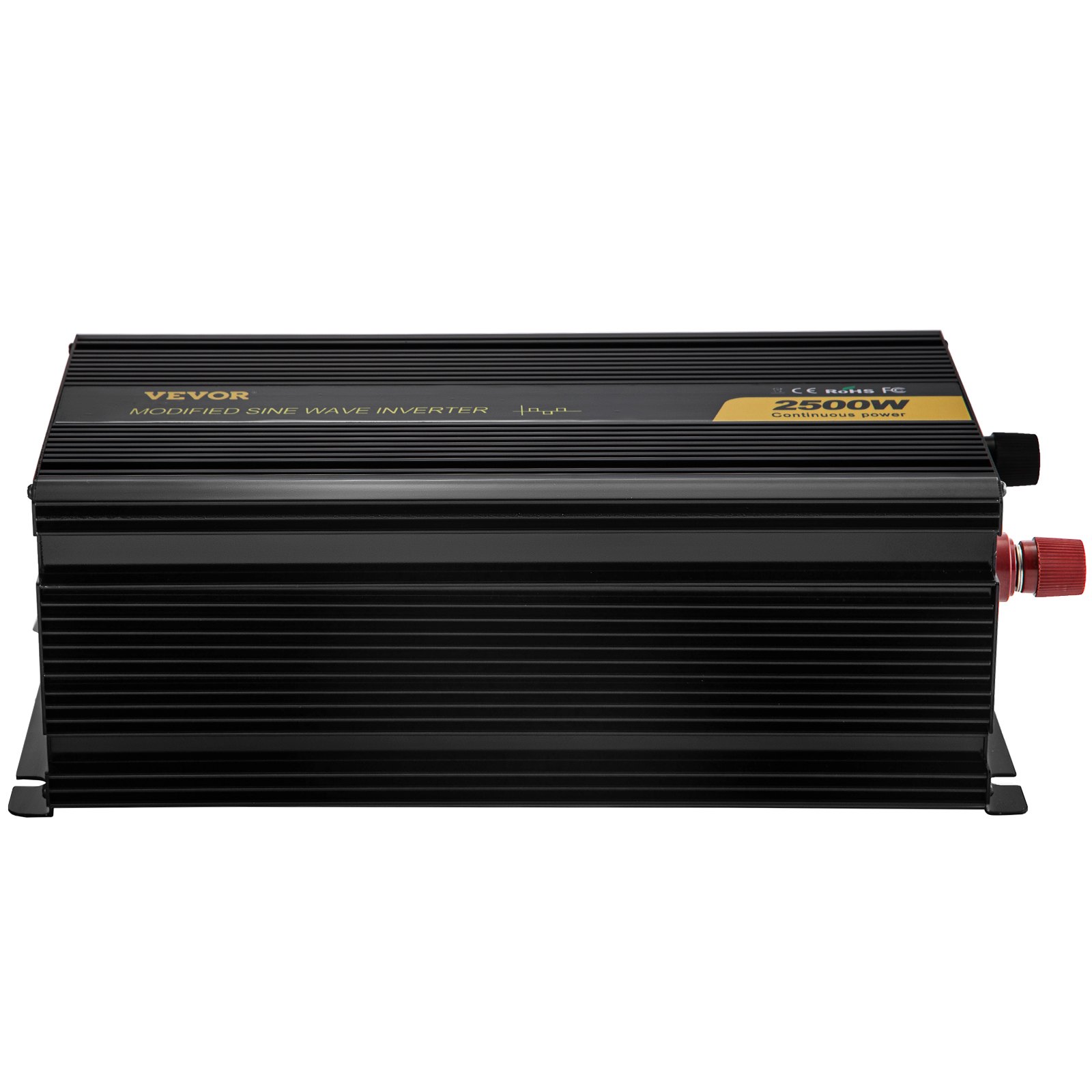 Inversor de corriente VEVOR negro, 2500w, onda sinusoidal modificada, con terminales rojo y negro.
