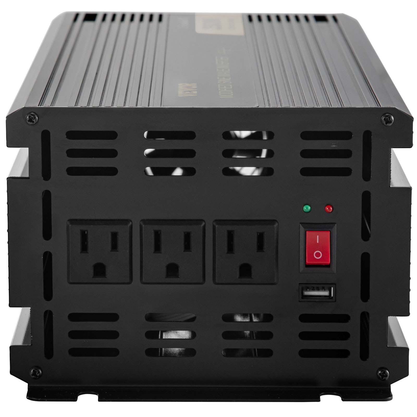 Inversor de corriente VEVOR que muestra tres salidas, puerto USB e interruptor de encendido.