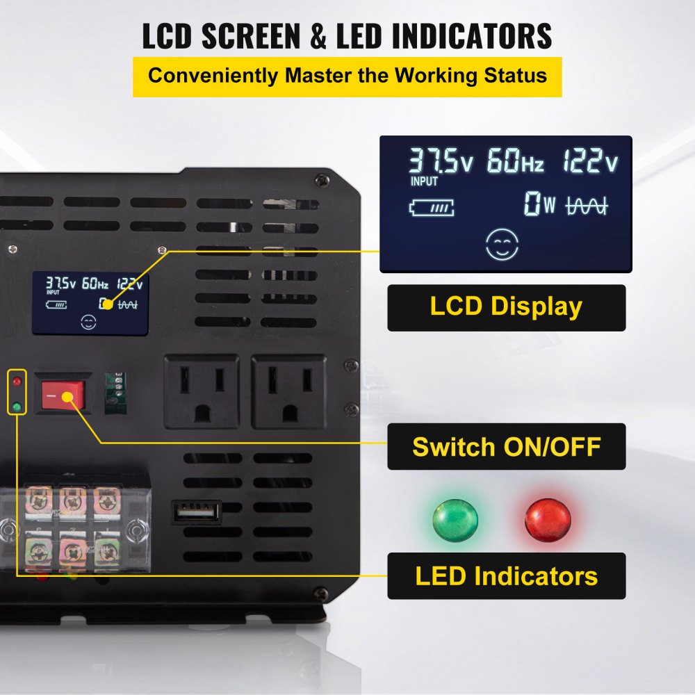 Inversor de corriente VEVOR con pantalla LCD, interruptor de encendido/apagado e indicadores LED.