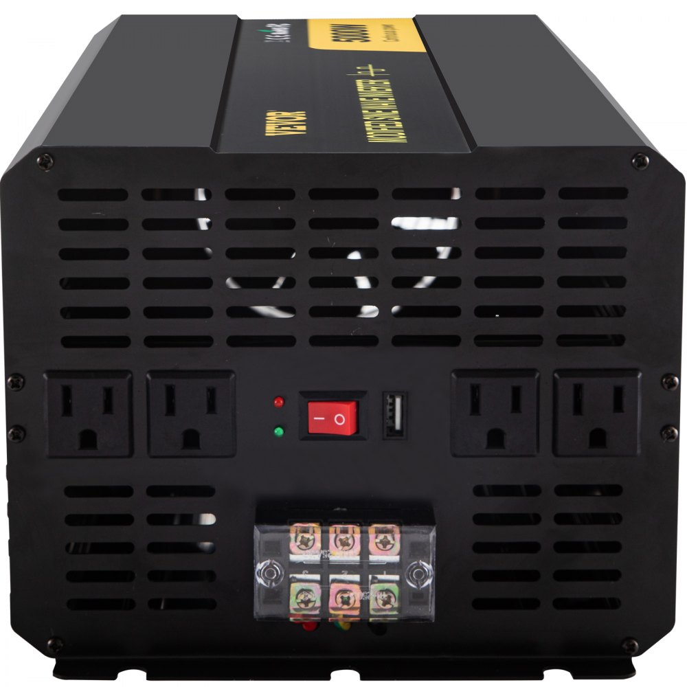 Inversor de corriente VEVOR con tres salidas de CA, puerto USB e interruptor de encendido.