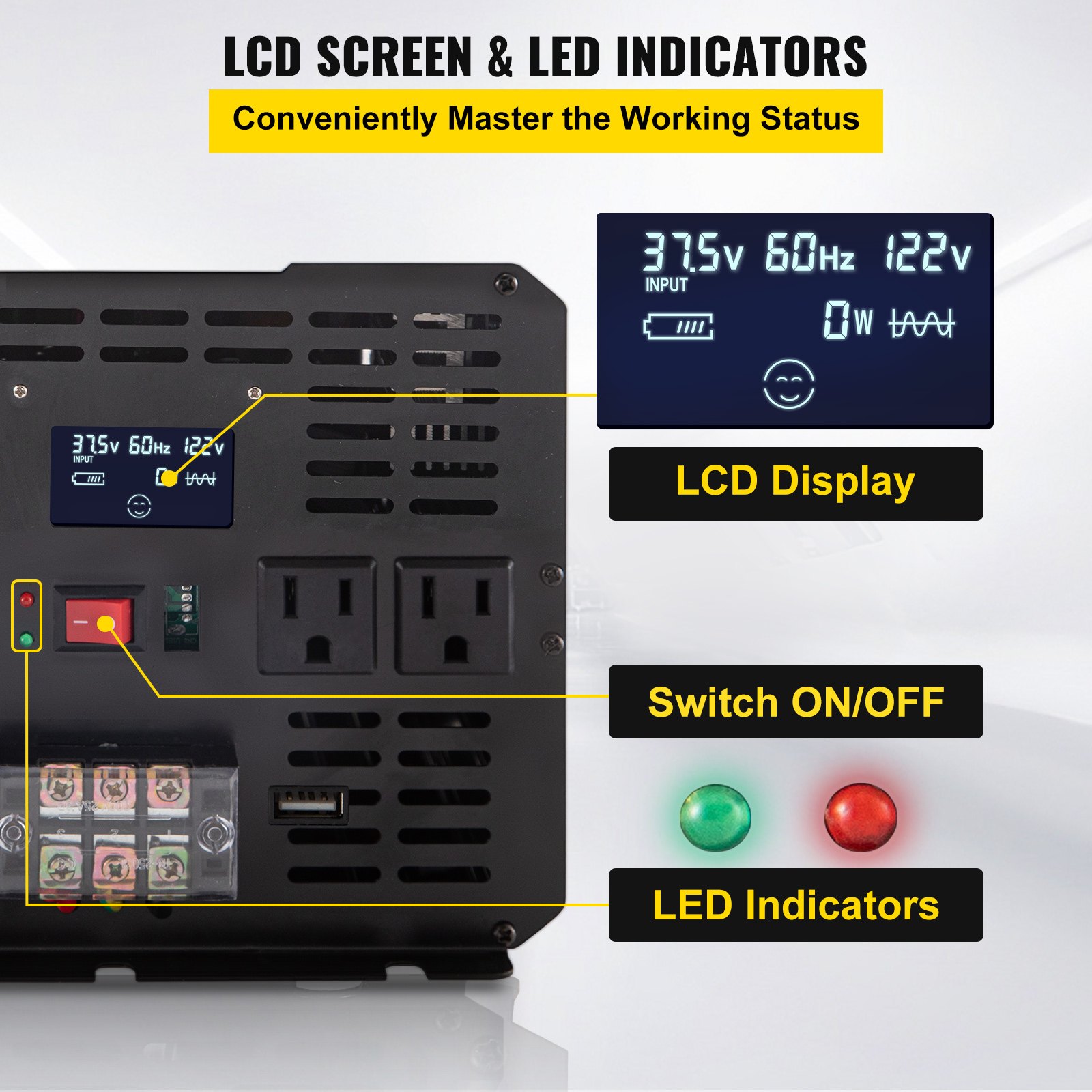 Inversor de corriente VEVOR con pantalla LCD, interruptor de encendido/apagado e indicadores LED.