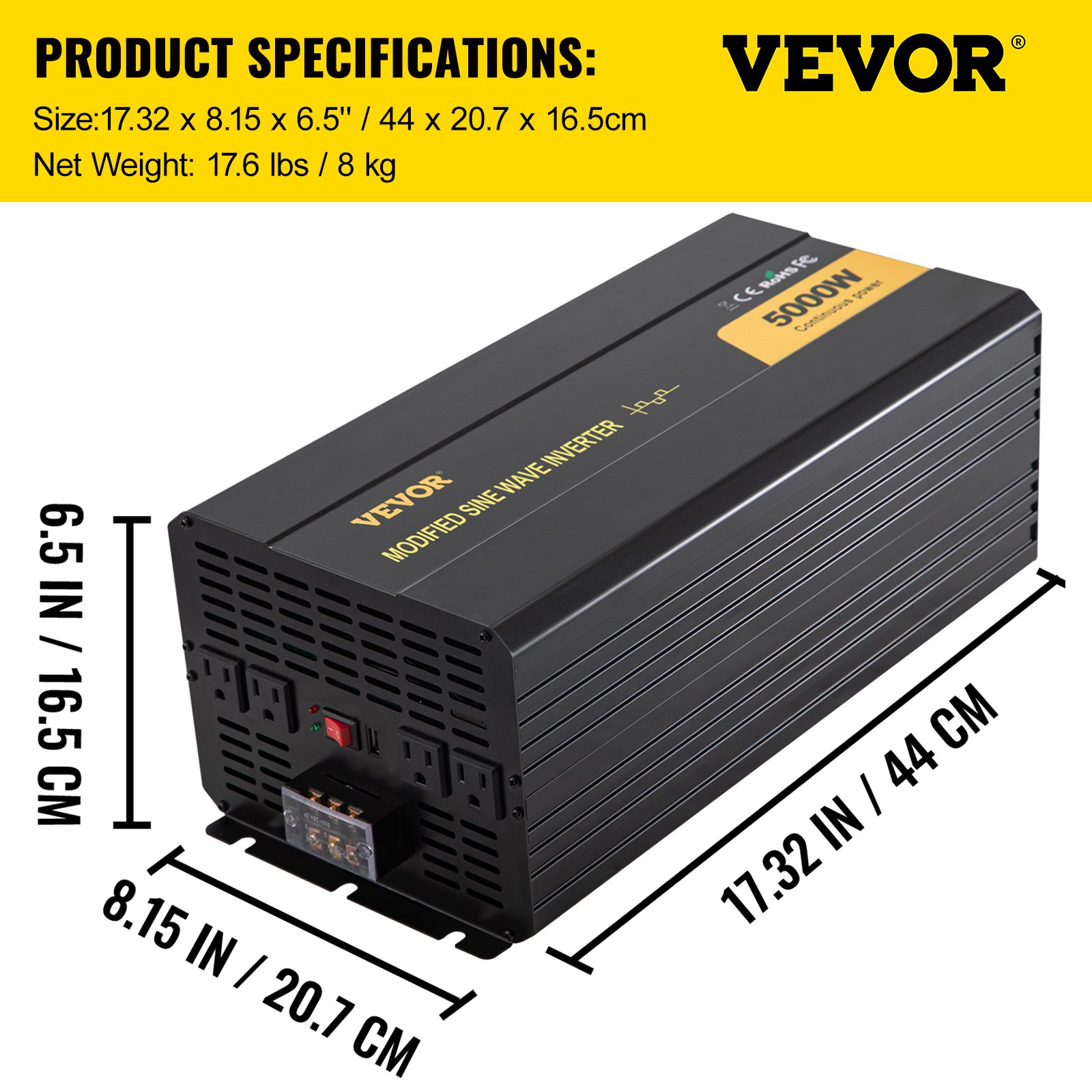 Inversor de corriente VEVOR, onda senoidal modificada, 5000w, con medidas y peso.