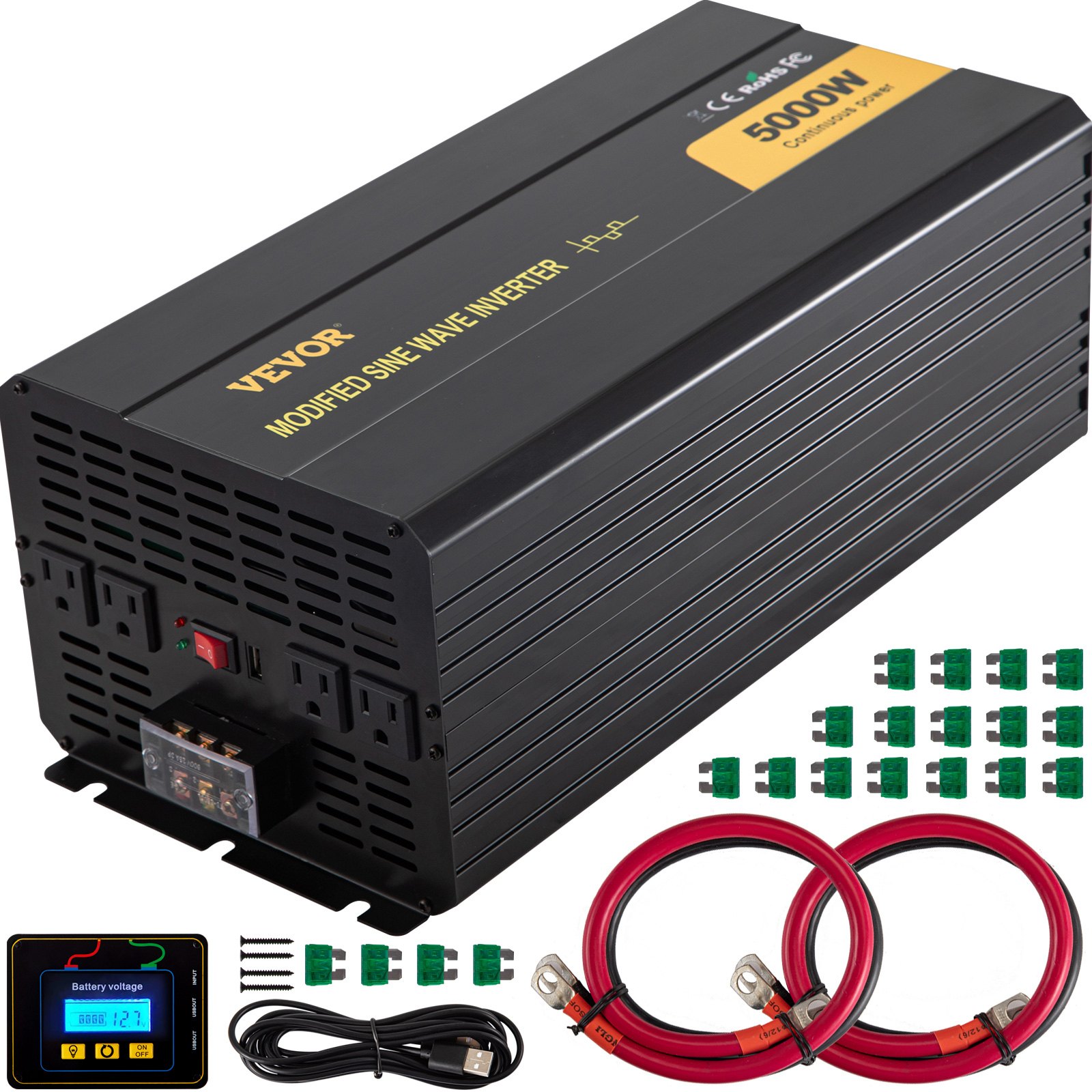 Inversor de corriente VEVOR 5000w con cables, conectores y pantalla digital.