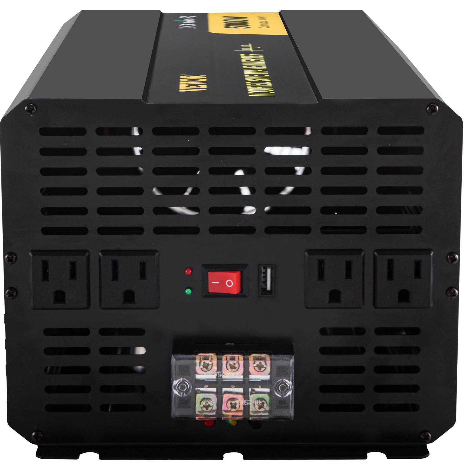 Inversor de corriente VEVOR con tres salidas de CA, puerto USB e interruptor de encendido.
