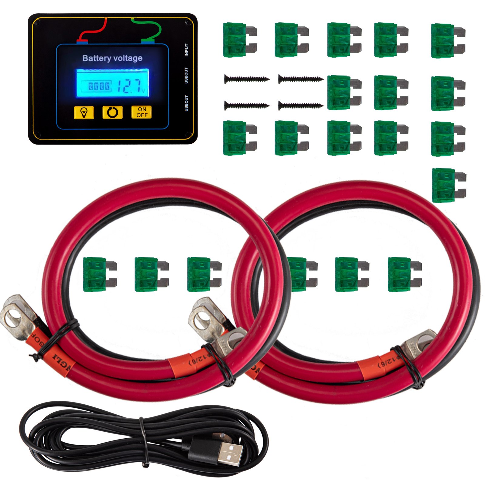 Accesorios para inversores de corriente VEVOR: cables, fusibles, usb, tornillos y monitor.